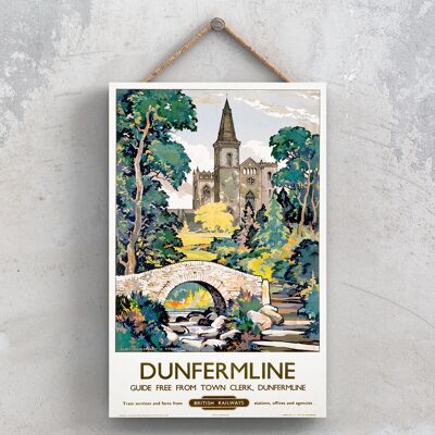 P0849 - Dunfermline Poster originale della ferrovia nazionale su una targa con decorazioni vintage