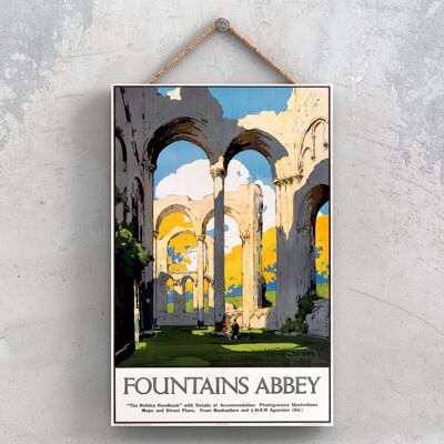 P0885 - Fountains Abbey Poster originale della National Railway su una targa con decorazioni vintage