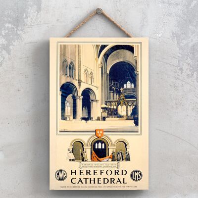 P0908 - Hereford Cathedral Lms Póster original del ferrocarril nacional en una placa de decoración vintage