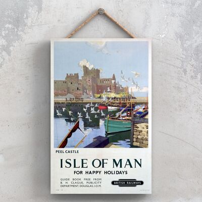 P0937 - Isle Of Man Peel Castle Affiche originale des chemins de fer nationaux sur une plaque décor vintage