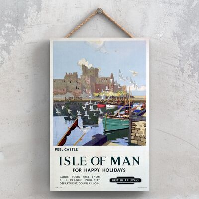 P0937 - Isle Of Man Peel Castle Poster originale della National Railway su una targa con decorazioni vintage