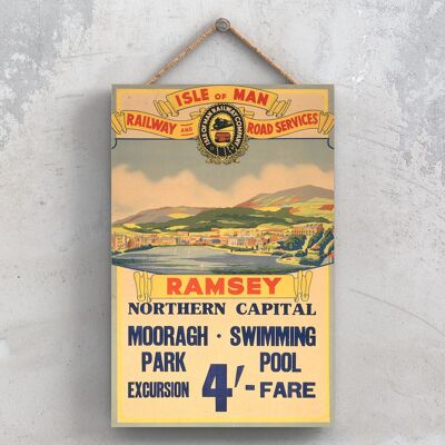 P0942 - Isle Of Man Ramsey Poster originale della National Railway su una targa con decorazioni vintage