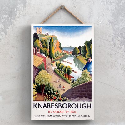 P0965 - Knaresborough View Póster original del Ferrocarril Nacional en una placa con decoración vintage