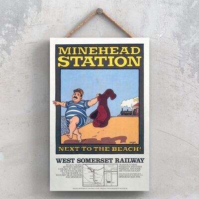 P1011 - Cartel original del ferrocarril nacional de Minehead Station en una placa con decoración vintage