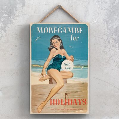 P1012 - Affiche originale des chemins de fer nationaux de première classe de Morecambe sur une plaque à décor vintage