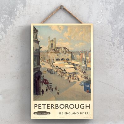 P1052 - Cartel del ferrocarril nacional original de la escena del mercado de Peterborough en una placa de decoración vintage