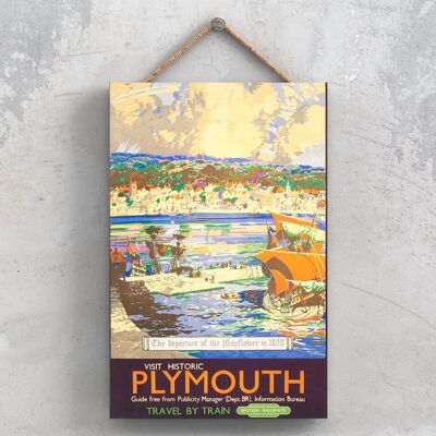 P1055 - Plymouth Mayflower Original National Railway Poster auf einer Plakette im Vintage-Dekor