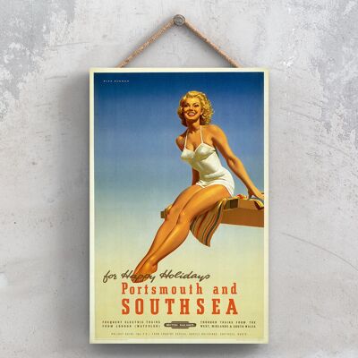 P1059 - Affiche originale des chemins de fer nationaux de Portsmouth Southsea Holidays sur une plaque décor vintage