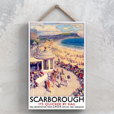 P1085 - Scarborough Quicker By Rail Poster originale delle ferrovie nazionali su una targa con decorazioni vintage