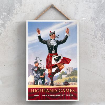 P1089 - Poster delle ferrovie nazionali originali dei giochi delle Highland scozzesi su una targa con decorazioni vintage