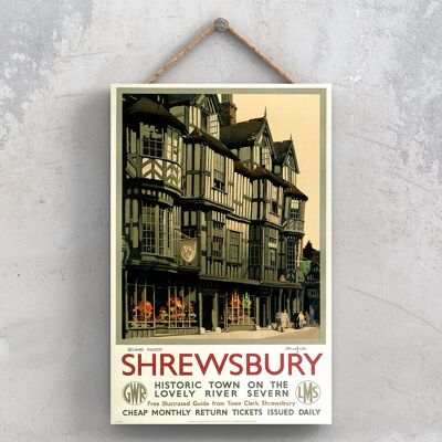 P1096 - Cartel del ferrocarril nacional original de la ciudad histórica de Shrewsbury en una placa de decoración vintage