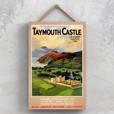 P1124 - Cartel original del ferrocarril nacional del castillo de Taymouth en una placa de decoración vintage