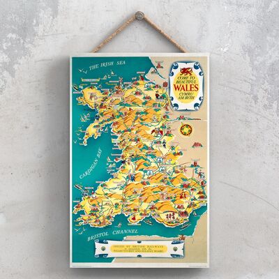 P1154 - Mappa del Galles Welsh Tourist Board Poster originale delle ferrovie nazionali su una targa con decorazioni vintage
