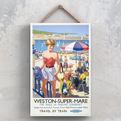 P1160 - Weston Super Mare Sorridente Poster originale della National Railway su una targa con decorazioni vintage