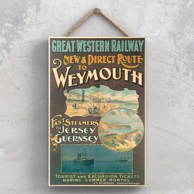 P1163 - Afiche original del Ferrocarril Nacional de Weymouth a Jersey en una placa con decoración vintage