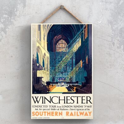 P1169 - Poster originale della National Railway della Cattedrale di Winchester su una targa con decorazioni vintage