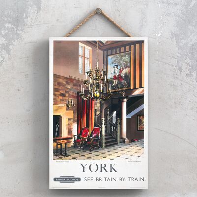 P1188 - Poster della ferrovia nazionale originale della casa dei tesorieri di York su una decorazione d'epoca della targa