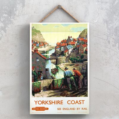 P1190 - Poster della ferrovia nazionale originale della costa dello Yorkshire su una targa con decorazioni vintage