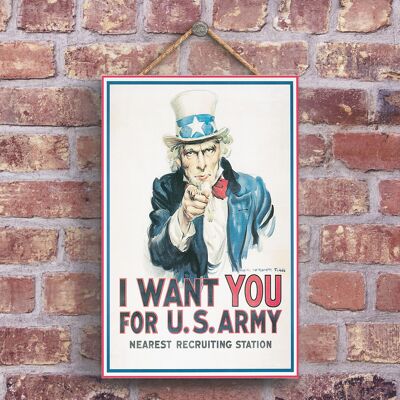 P1200 - Une publicité vintage de style rétro de l'armée américaine "Je te veux pour l'armée américaine" sur une plaque en bois