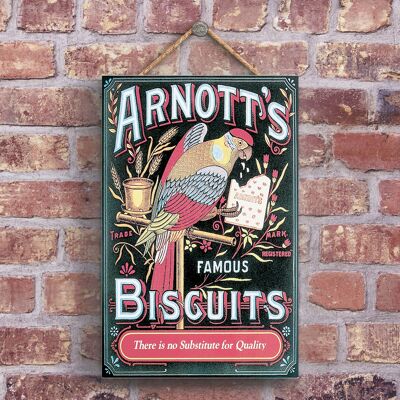 P1201 – Eine klassische Retro-Werbung für den berühmten Biscuits Bird von Arnott auf einer Holztafel