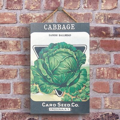 P1207 – Eine klassische Vintage-Werbung von Cabbage Card Seed Co im Retro-Stil auf einer Holztafel