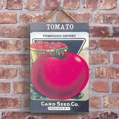 P1209 – Eine klassische Werbung für Tomatenkarten von Seed Co im Retro-Stil auf einer Holztafel