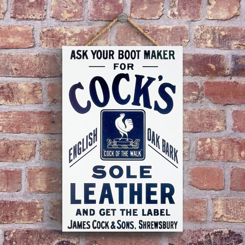 P1211 - A Classic Cock'S Sole Leather Retro Style Vintage Advertisement On A Wooden Plaque