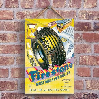 P1215 - Une publicité vintage de style rétro Firestone classique sur une plaque en bois 1