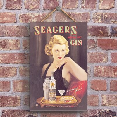 P1243 - Un clásico Seagers Special Dry Gin Estilo retro Anuncio vintage en una placa de madera