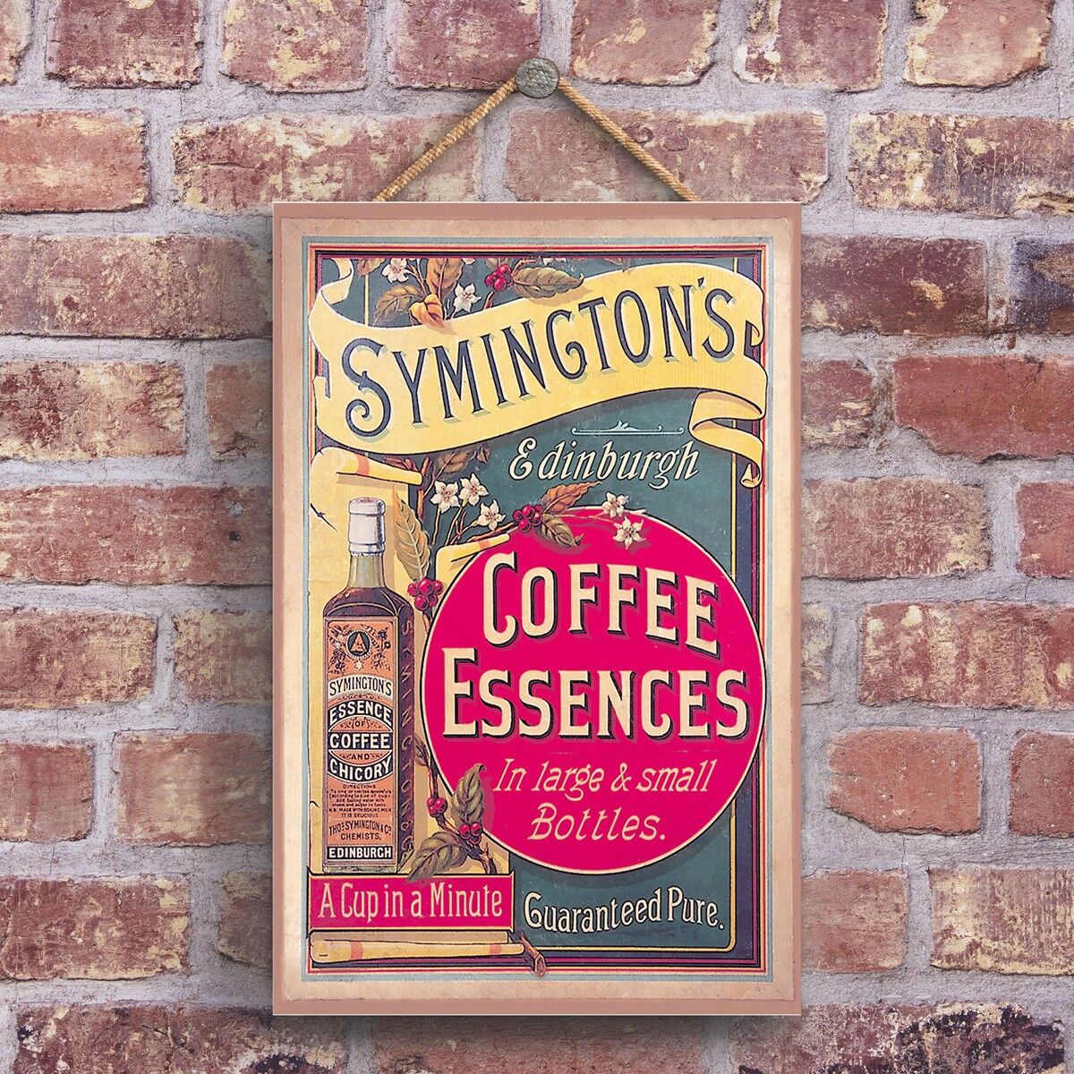 P1246 - Eine klassische Symingtons Coffee Essences Retro Style Vintage Werbung auf einer Holztafel