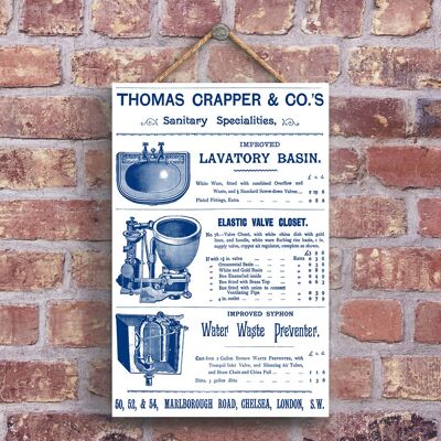 P1248 - Una classica pubblicità vintage in stile retrò di Thomas Crapper su una targa di legno