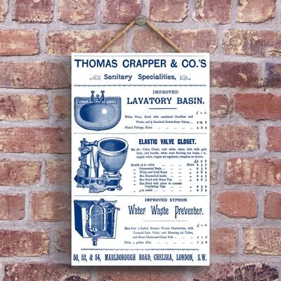 P1248 - Un clásico anuncio vintage de estilo retro de Thomas Crapper en una placa de madera