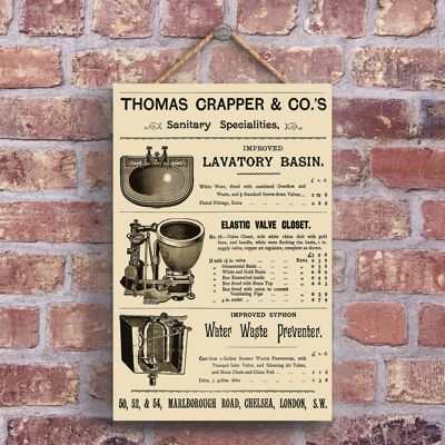P1249 - Una classica pubblicità vintage in stile beige retrò di Thomas Crapper su una targa di legno