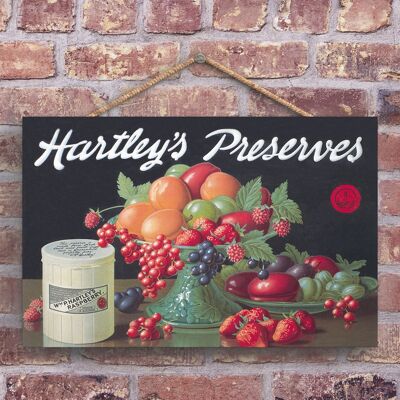 P1256 - Eine klassische Werbung für Hartley's Konserven im Retro-Stil auf einer Holztafel