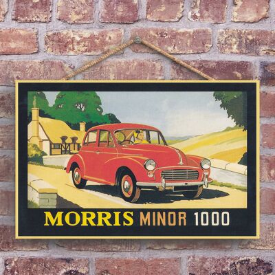 P1257 - Ein klassischer Morris Minor 1000 Retro Style Vintage Werbung auf einer Holztafel