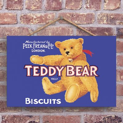 P1259 – Eine klassische Werbung für Teddybär-Kekse im Retro-Stil auf einer Holztafel