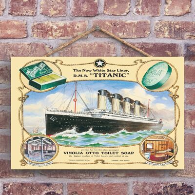 P1262 - Eine klassische Titanic-Vinolia-Seife im Retro-Stil, Vintage-Werbung auf einer Holztafel