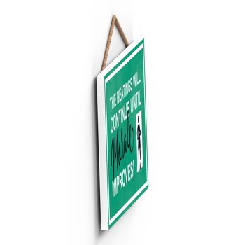 P1264 - The Beating Will Continue, Female Stick Person Green Exit Sign On A Hanging Wooden Plaque 2