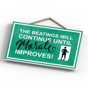 P1264 - The Beating Will Continue, Female Stick Person Green Exit Sign On A Hanging Wooden Plaque 3