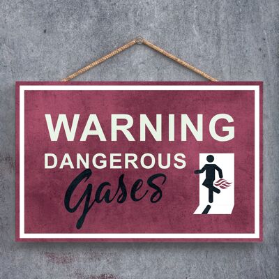 P1266 - Warnung vor gefährlichen Gasen, männliche Stick-Person, rotes Ausgangsschild auf einer hängenden Holztafel