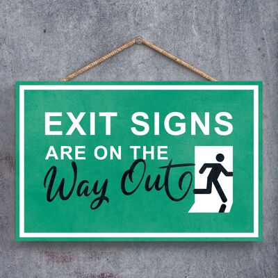 P1272 - I segnali di uscita sono in uscita, Stick Man Green Exit Sign su una targa di legno appesa