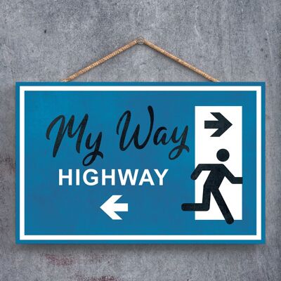 P1276 - A mi manera o a la autopista, Stick Man Señal de salida azul en una placa colgante de madera