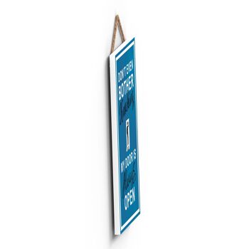 P1307 - Don't Even Bother Knocking My Door is Always Open, Stick Person Blue Exit Sign On A Hanging Wooden Plaque 2