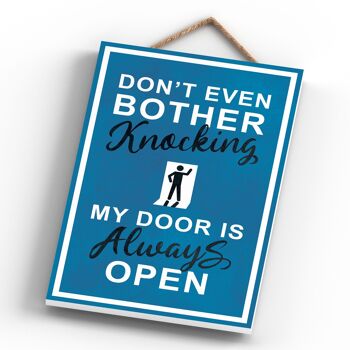 P1307 - Don't Even Bother Knocking My Door is Always Open, Stick Person Blue Exit Sign On A Hanging Wooden Plaque 3