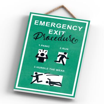 P1308 - Procédure de sortie d'urgence Panic Run Hurdle The Weak, Stick Person Panneau de sortie vert sur une plaque en bois suspendue 4