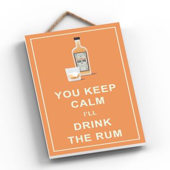 P1322 - Keep Calm Drink Rhum Comique Plaque en bois à suspendre sur le thème de l'alcool 2
