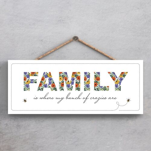 P1364 - Family Is Where My Bunch Of Crazies Are Spring Meadow Theme Wooden Hanging Plaque