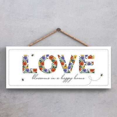 P1368 - Love Blossoms In A Happy Home Spring Meadow Theme Wooden Hanging Plaque