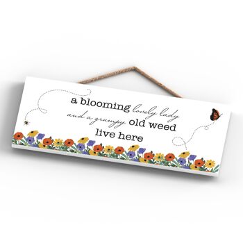 P1369 - Une jolie dame en fleurs et une vieille mauvaise herbe grincheuse vivent ici Spring Meadow Theme Plaque à suspendre en bois 4