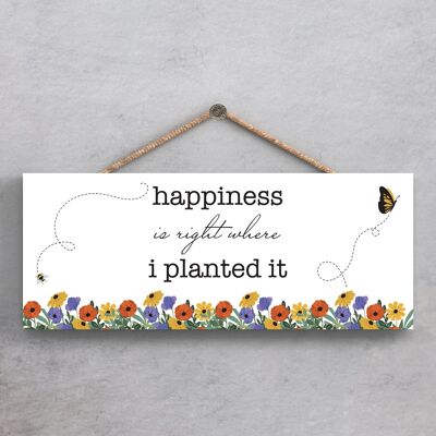 P1370 - La felicidad es donde la planté Spring Meadow Theme Placa colgante de madera